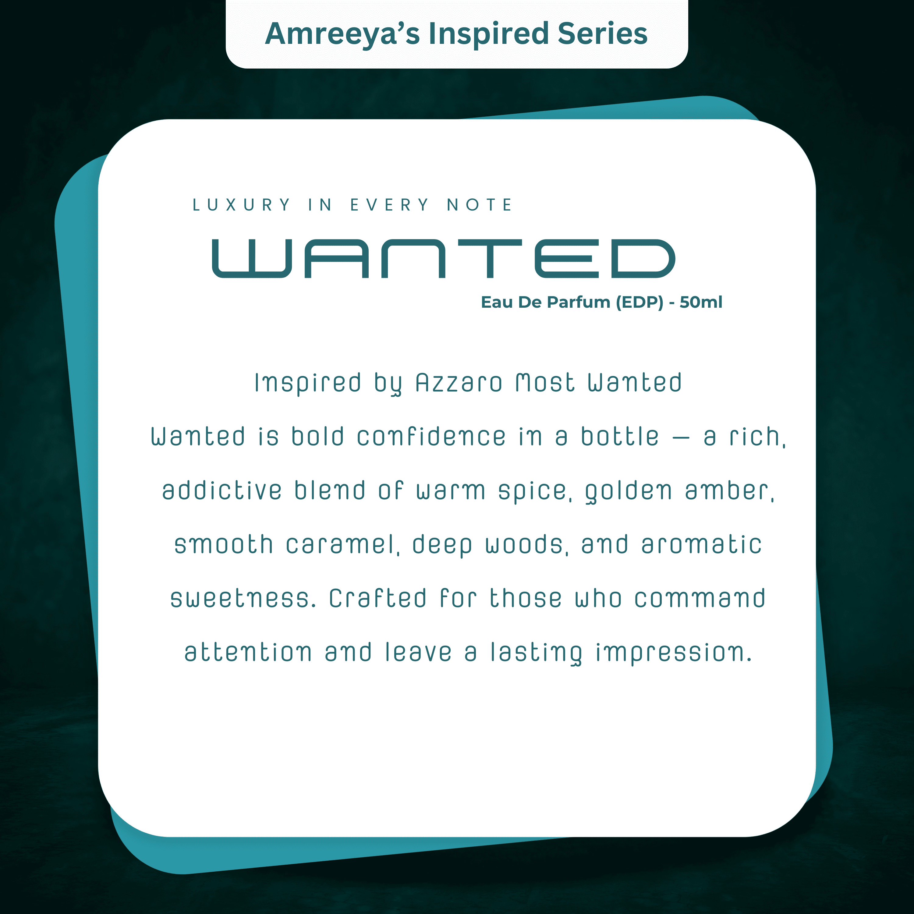 Amreeya Wanted – Premium Niche Eau de Parfum | Spicy Woody Freshness Inspired by Azzaro Wanted - 50ml
