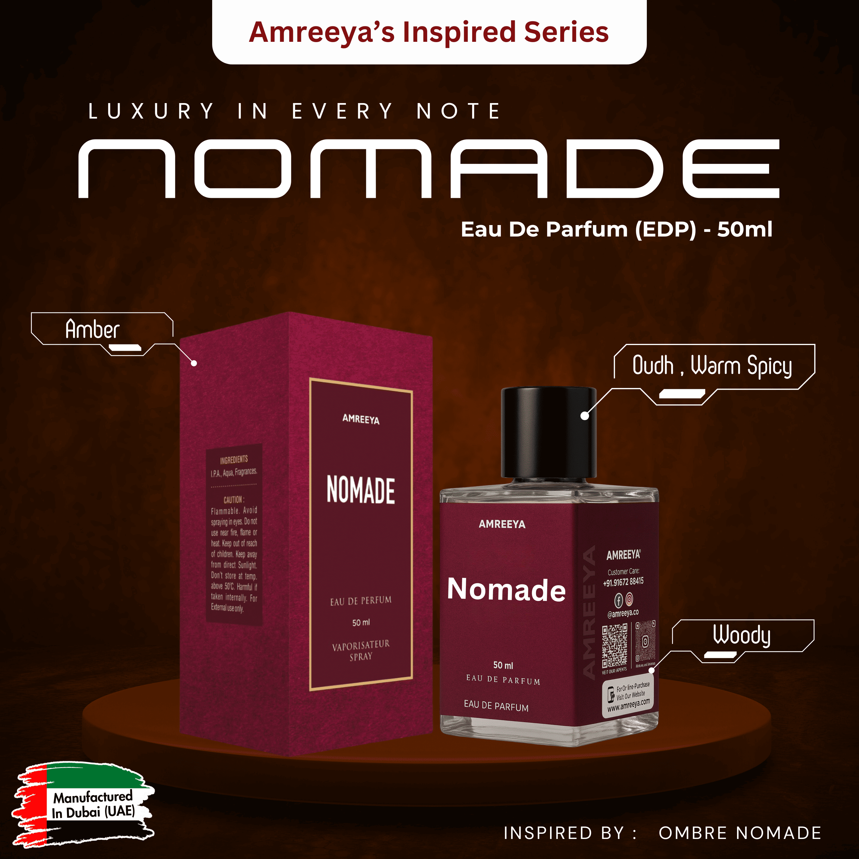 Amreeya Nomade – Amber Oudh Luxury Perfume I AMBER, OUDH, WARM SPICY, SMOKY, WOODY, FRUITS, Inspired by OMBRE NOMADE  - 50ml