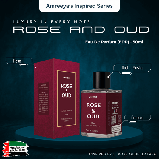 Amreeya Rose & Oud – Premium Niche Eau de Parfum | Luxurious Floral Woody Elegance Inspired by Latafa Rose Oudh - 50ml