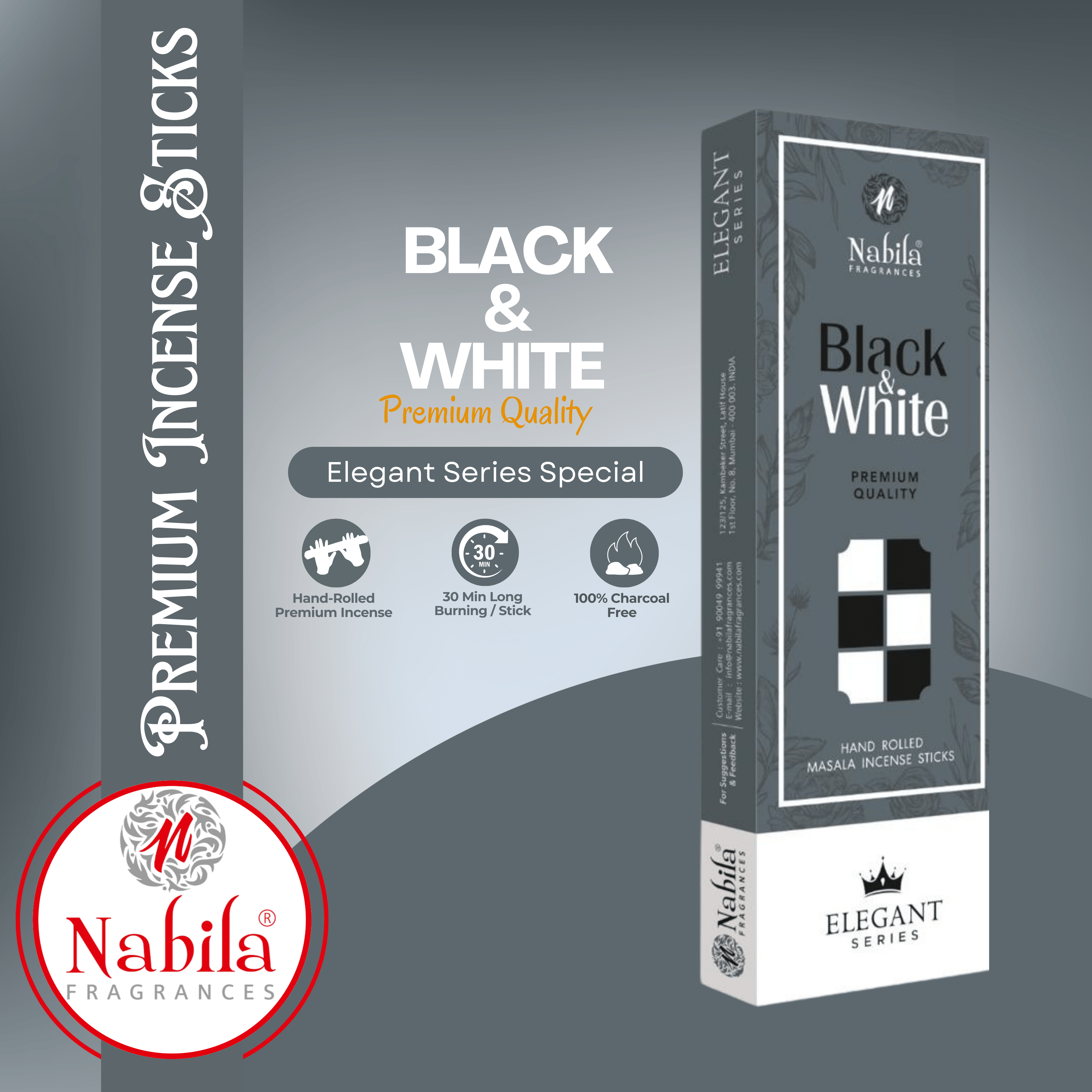 Nabila Black & White – Premium Hand Rolled Incense Sticks with Deep, Balanced Aromatic Blend - 50G