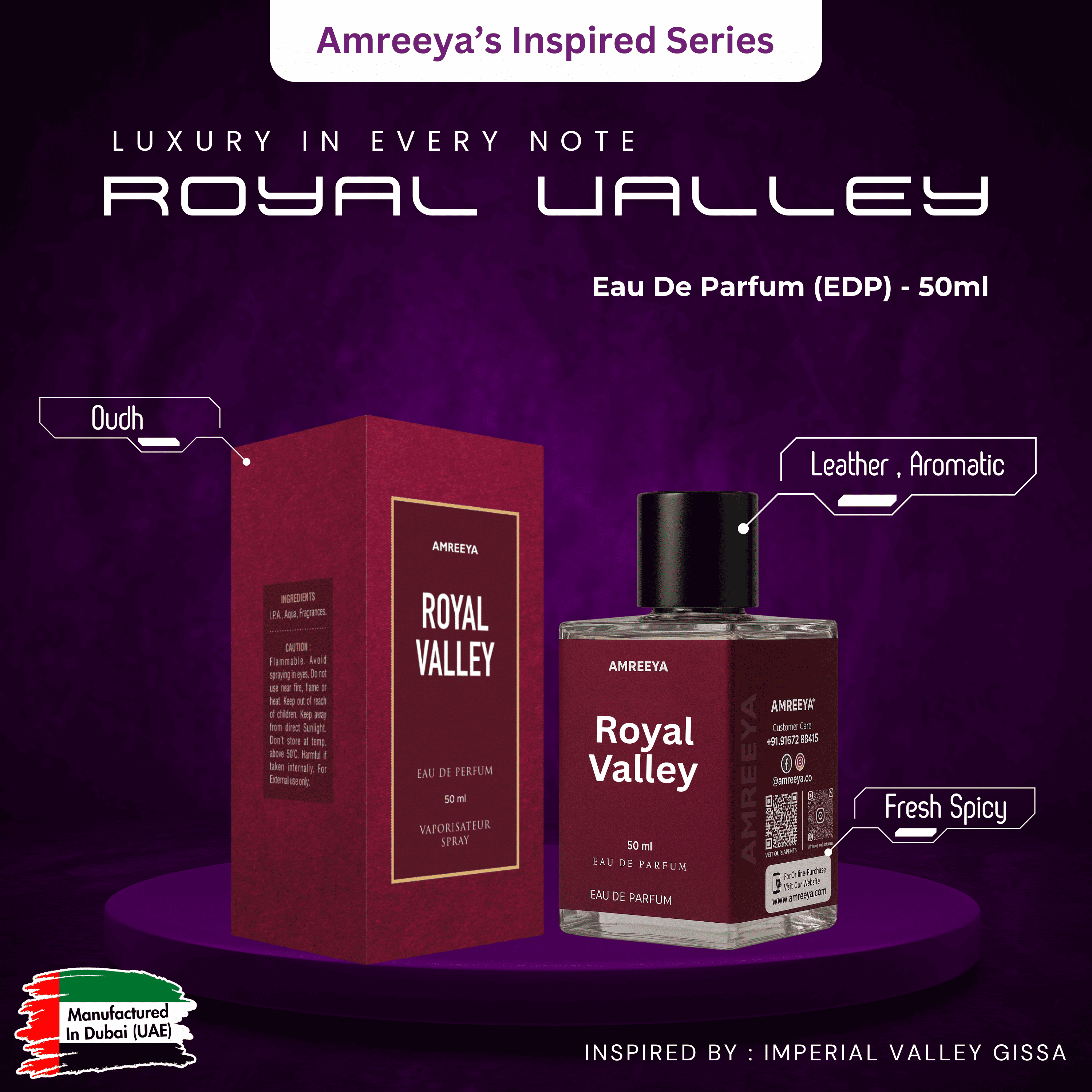 Amreeya Royal Valley – Luxury Oudh & Leather Perfume Inspired by Imperial Valley GISSA  - 50ml