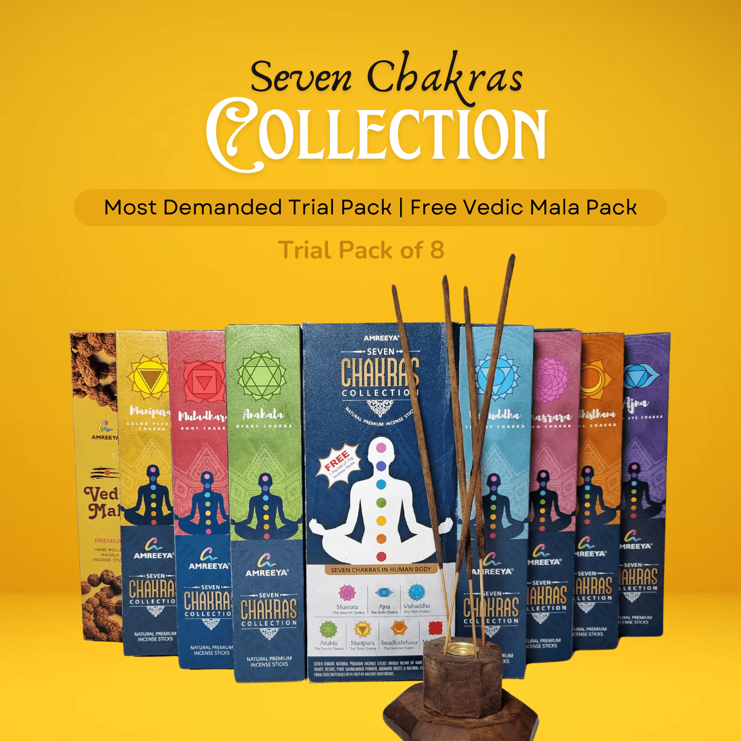 Amreeya Seven Chakras Collection Incense Sticks+ Vedic Mala Pack Of 8