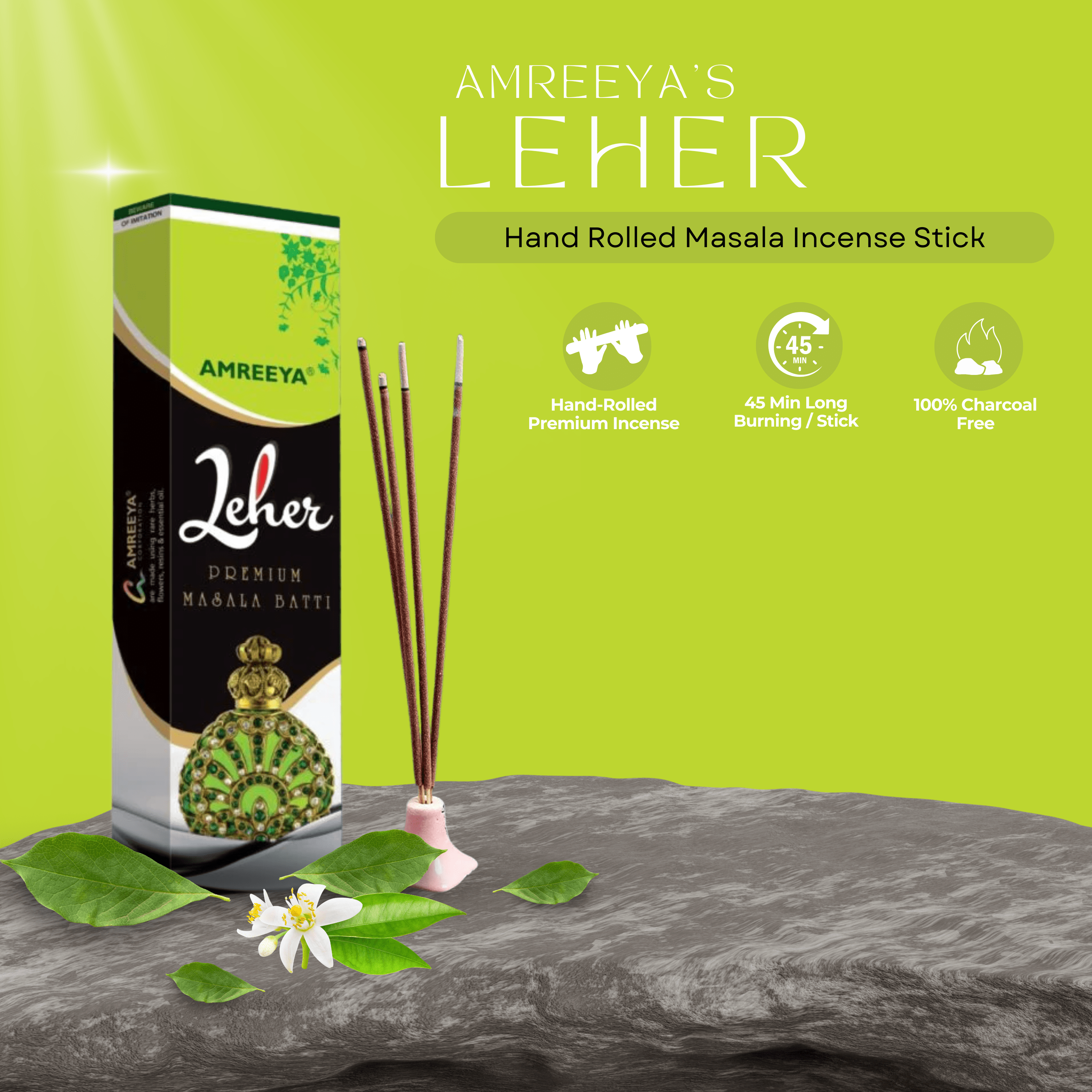 Amreeya The Illuminé Collection Pack of 5 | Luxury Hand-Rolled Masala Incense Sticks and Backflow Cone Holder for Diwali