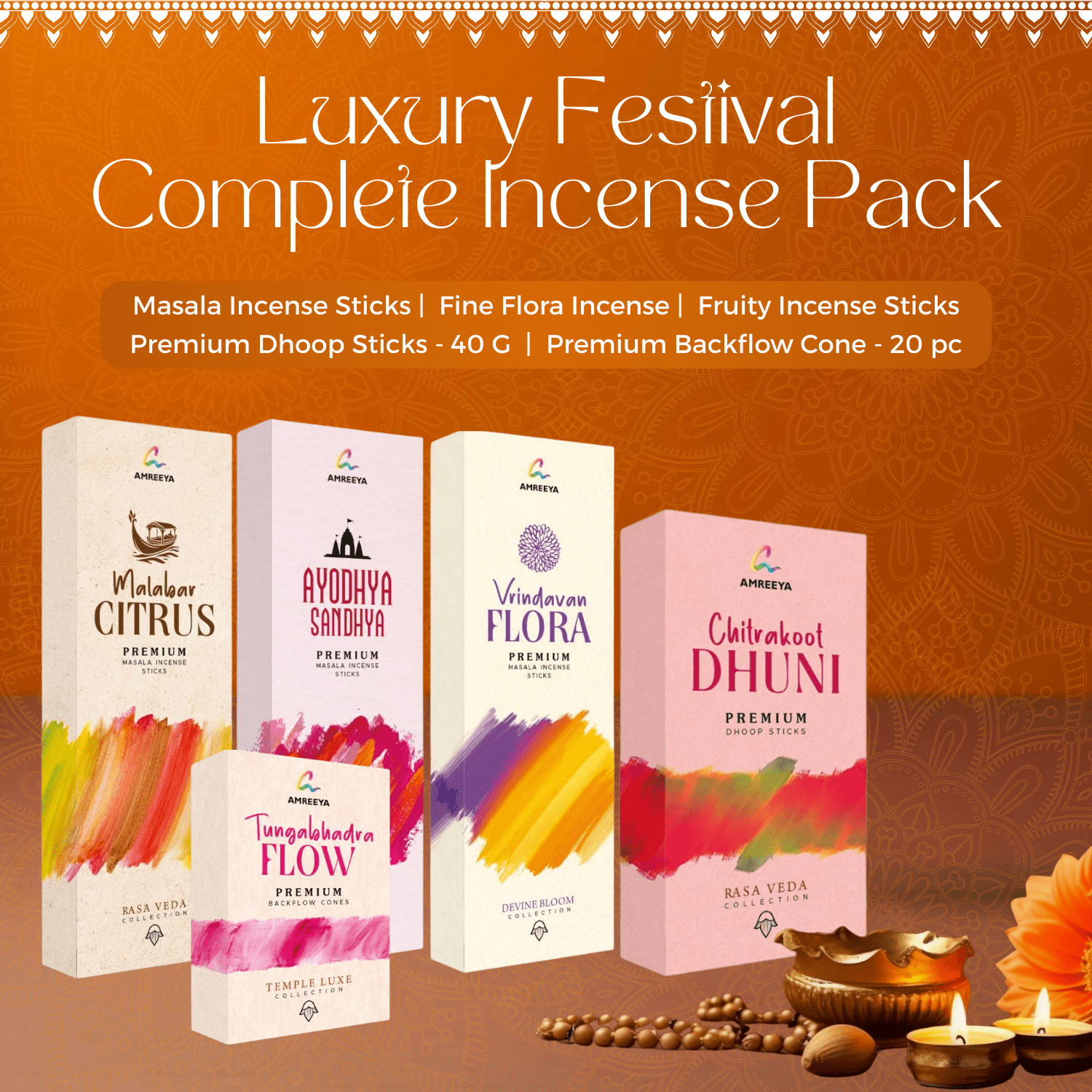 Amreeya Luxury Festival Complete Incense Pack – Premium Masala, Fine Flora, Fruity Sticks, Dhoop & Backflow Cones | Pack of 5