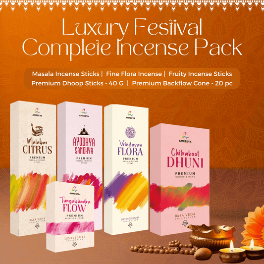 Amreeya Luxury Festival Complete Incense Pack – Premium Masala, Fine Flora, Fruity Sticks, Dhoop & Backflow Cones | Pack of 5