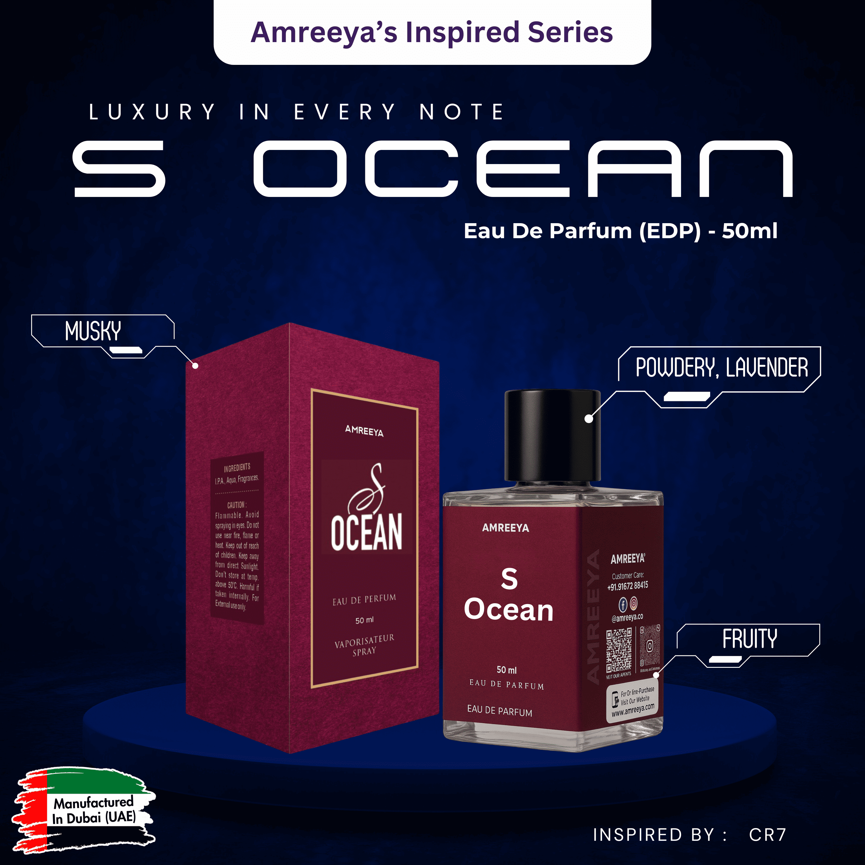Amreeya S Ocean – Premium Niche Eau de Parfum | Powdery Musky Lavender Freshness Inspired by CR7 -50ml