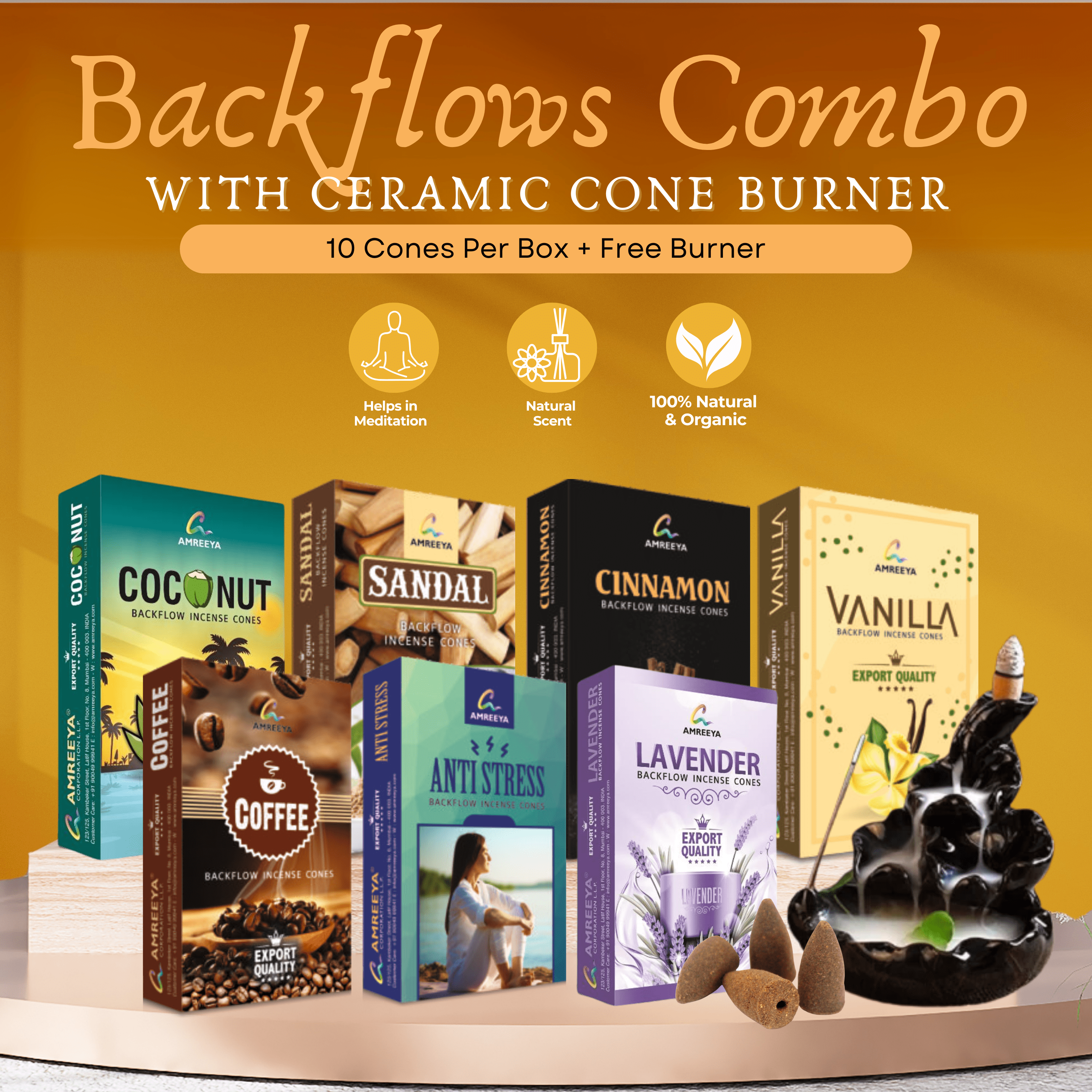 Amreeya Bliss Backflow Incense Cone Combo of 7 + Free Burner