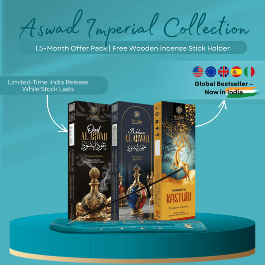 Nabila’s Aswad Imperial Collection - Luxury Oudh, Bakhoor Al Aswad, Kasturi Masala Incense | Combo Pack of 3 + Free Wooden Sticks Holder