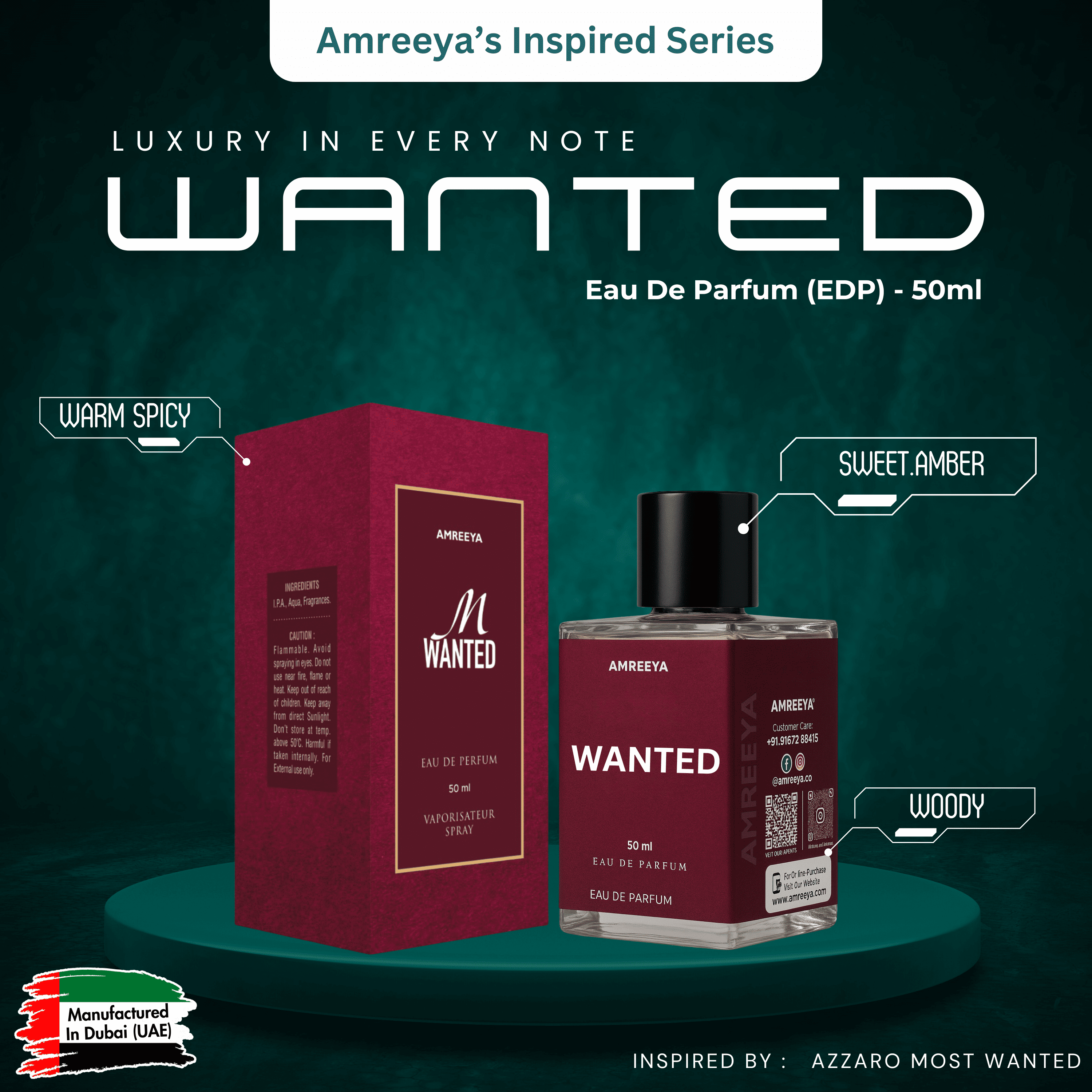 Amreeya Wanted – Premium Niche Eau de Parfum | Spicy Woody Freshness Inspired by Azzaro Wanted - 50ml