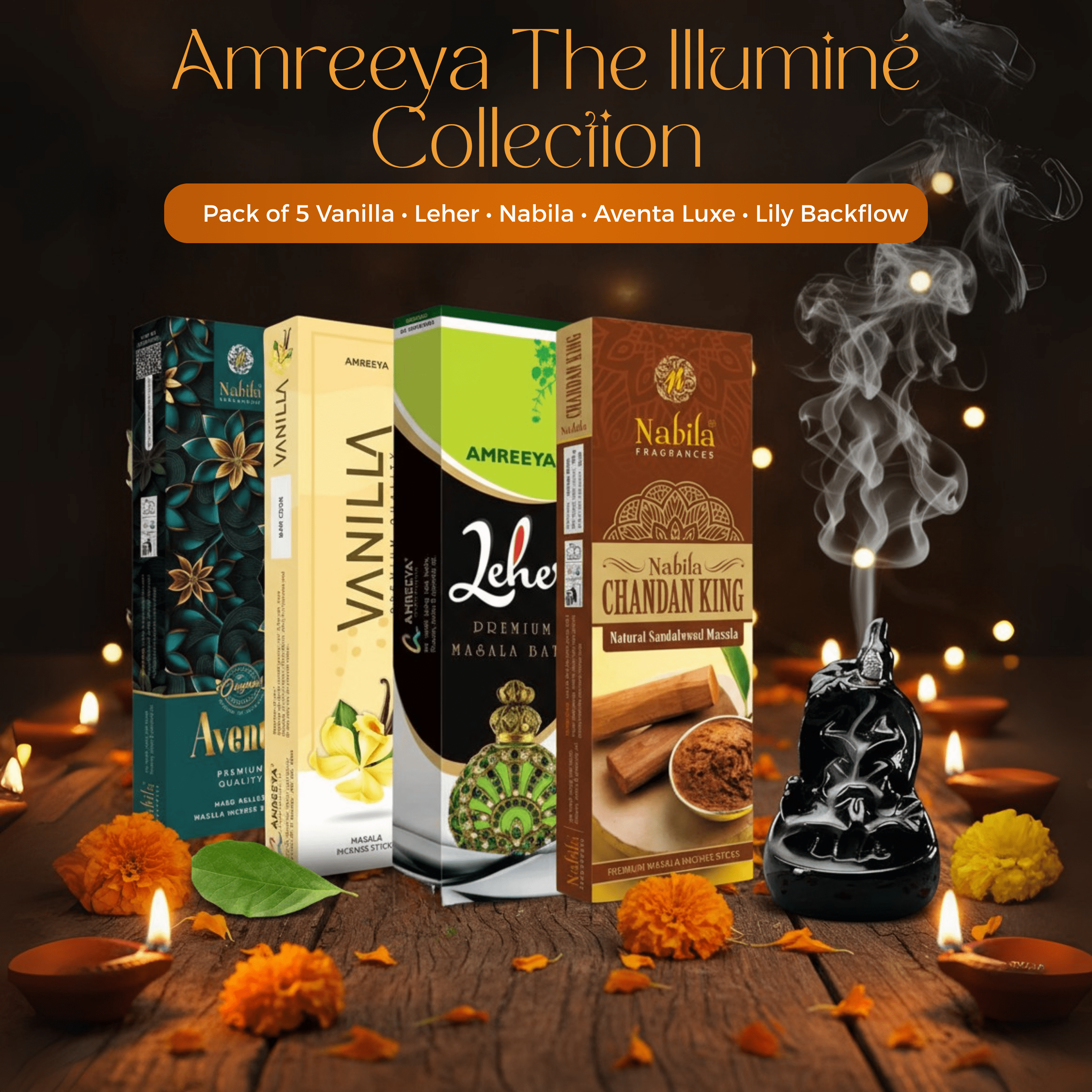 Amreeya The Illuminé Collection Pack of 5 | Luxury Hand-Rolled Masala Incense Sticks and Backflow Cone Holder for Diwali