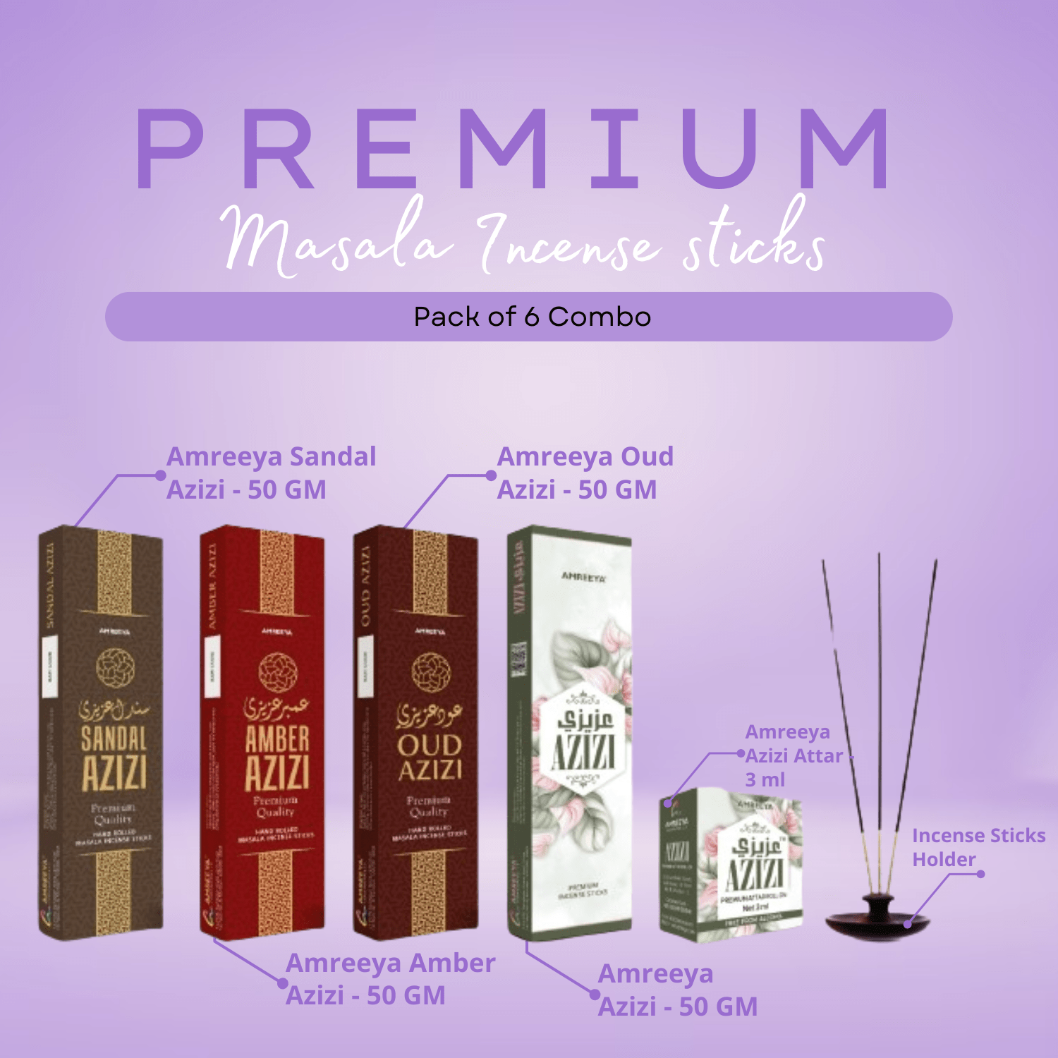 Amreeya Premium Masala Incense Sticks Combo AZIZI - Pack of 6