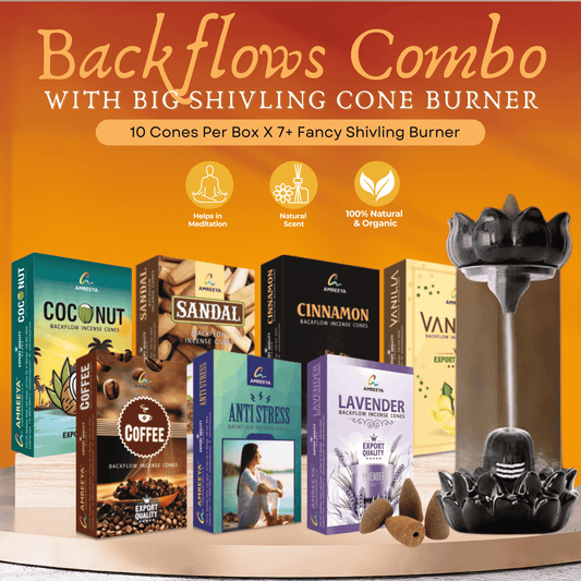 Amreeya Bliss Backflow Incense Cone Combo of 7 + Big Shivling Designer Backflow Burner